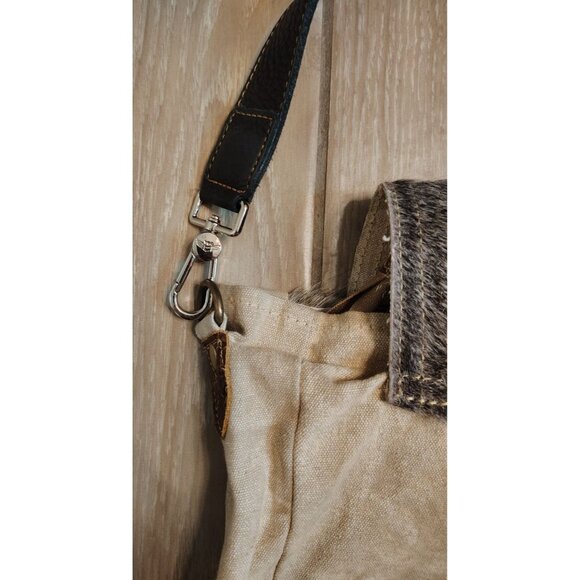 Myra Bag, Cowhide Gray Fur Hair Shoulder Bag Purse Tan Canvas Paisley, Zip Close - Picture 5 of 6